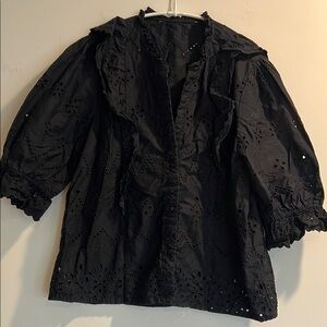 Zara Black Blouse with Ruffled Sleeves and V-Neck